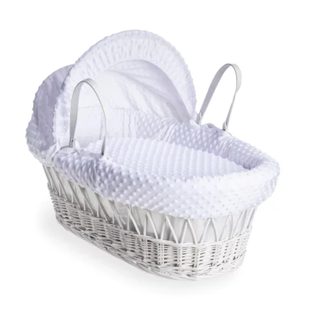 Clair De Lune White Wicker Moses Basket with White Dimple Fabrics & White Deluxe Rocking Stand