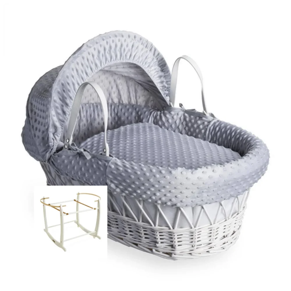 Clair De Lune White Wicker Mose Basket with Grey Dimple Fabric & White Deluxe Rocking Stand