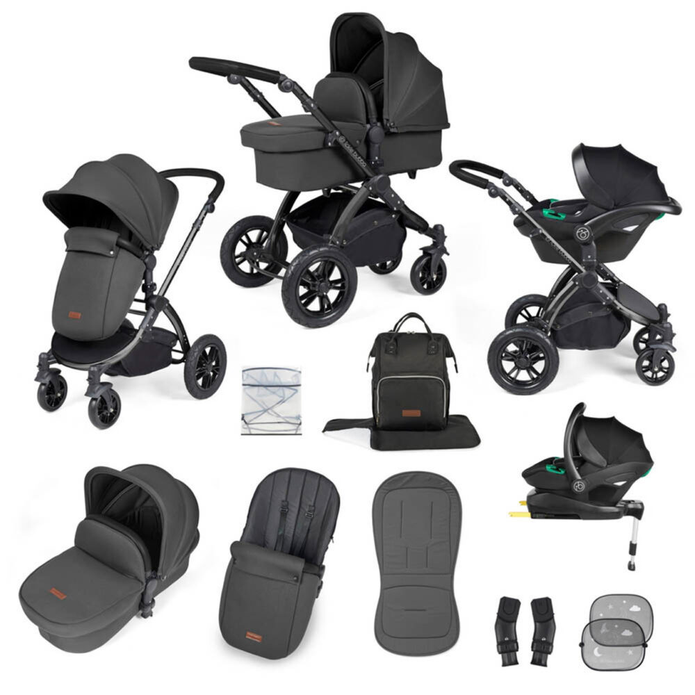 Clearance Sale! Ickle Bubba Stomp Luxe Stratus I-size Bundle in Charcoal Grey/black