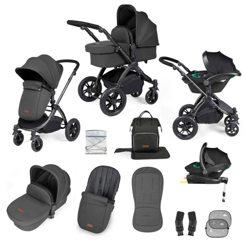 Clearance Sale! Ickle Bubba Stomp Luxe Stratus I-size Bundle in Charcoal Grey/black