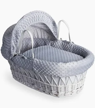 Clair De Lune White Wicker Moses Basket with Grey Dimple Fabric Including White Deluxe Rocking Stand